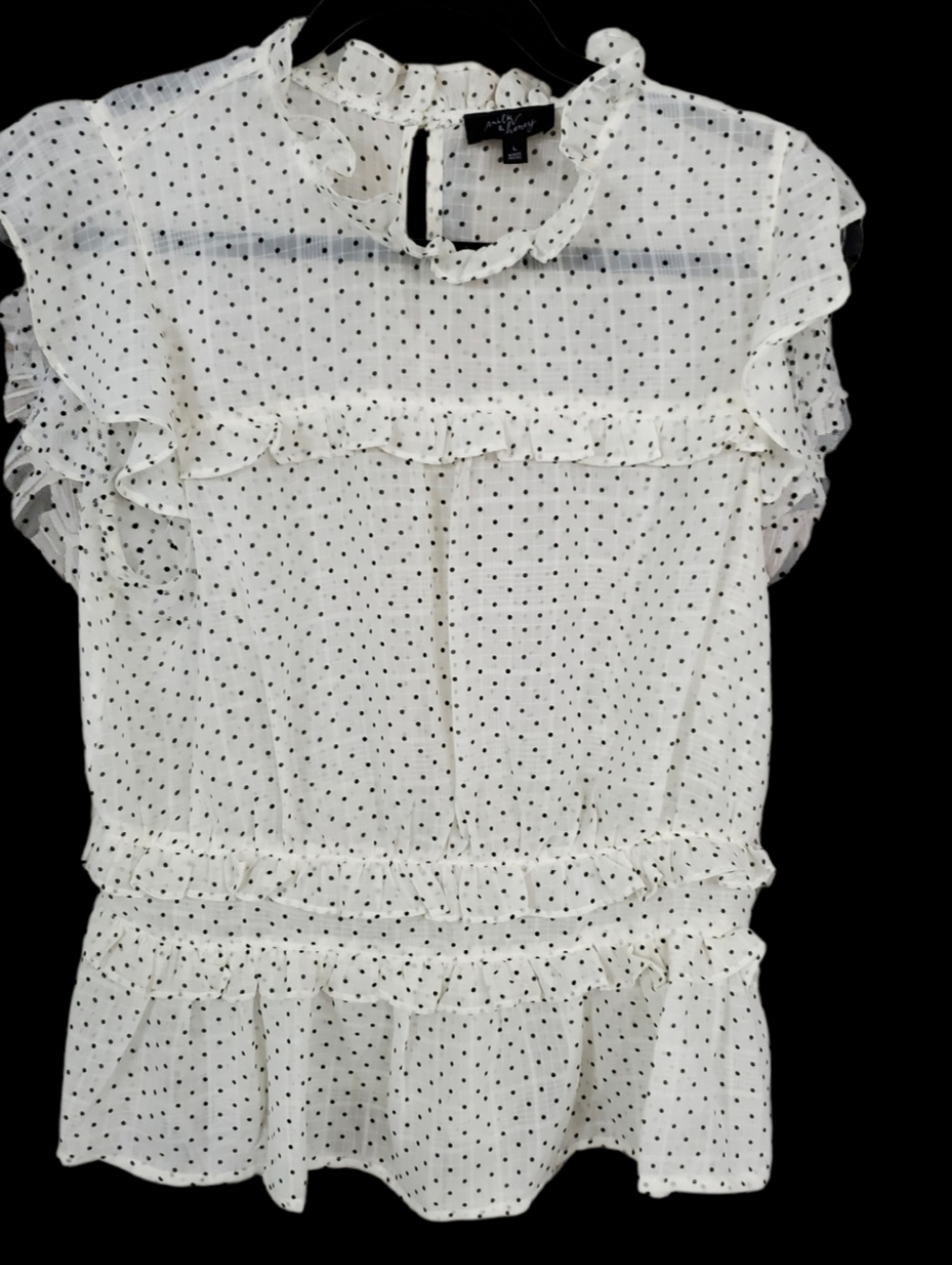 Milk & Honey Cream Polka Dot Ruffle Blouse. Sz L.